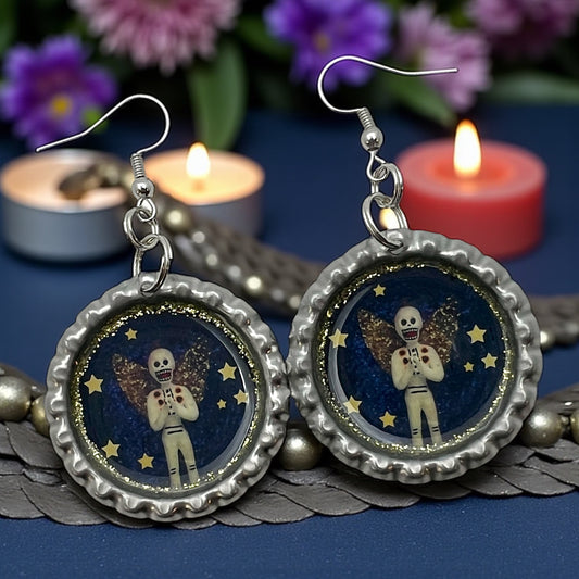 Skeleton Angel Starry Night Bottle Cap Earrings – Día de los Muertos Celestial Jewelry
