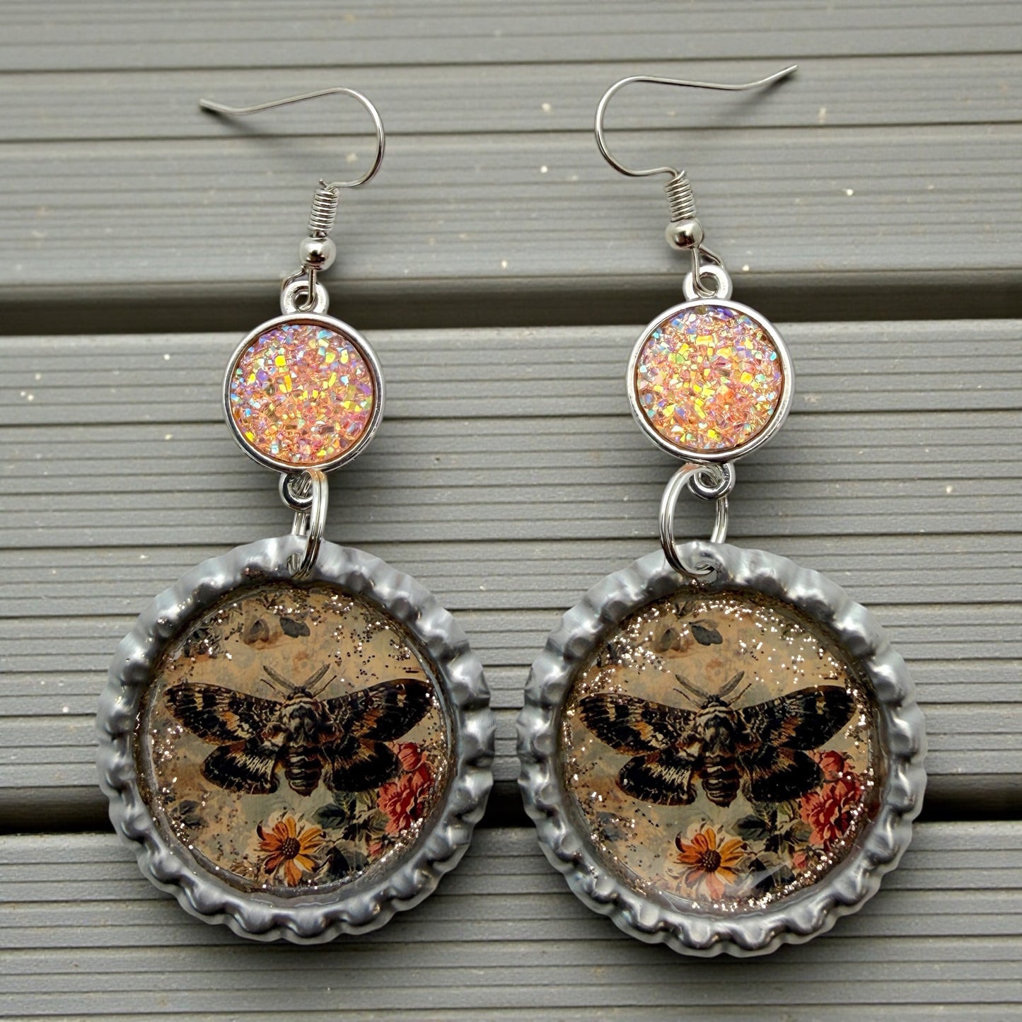 Vintage Moth Bottle Cap Earrings with Peach Druzy Dangle