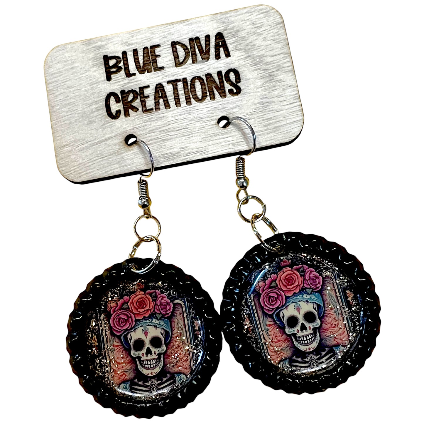 Skull Woman Day of the Dead Muertos Bottle Cap Earrings