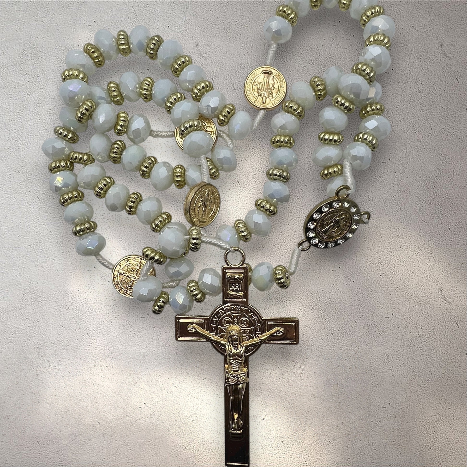 White Crystal Rosary 21” with Gold Crucifix & Catholic Medal