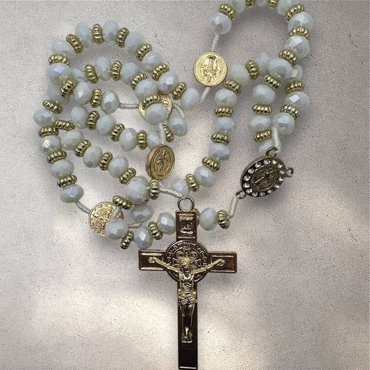 White Crystal Rosary 21” with Gold Crucifix & Catholic Medal