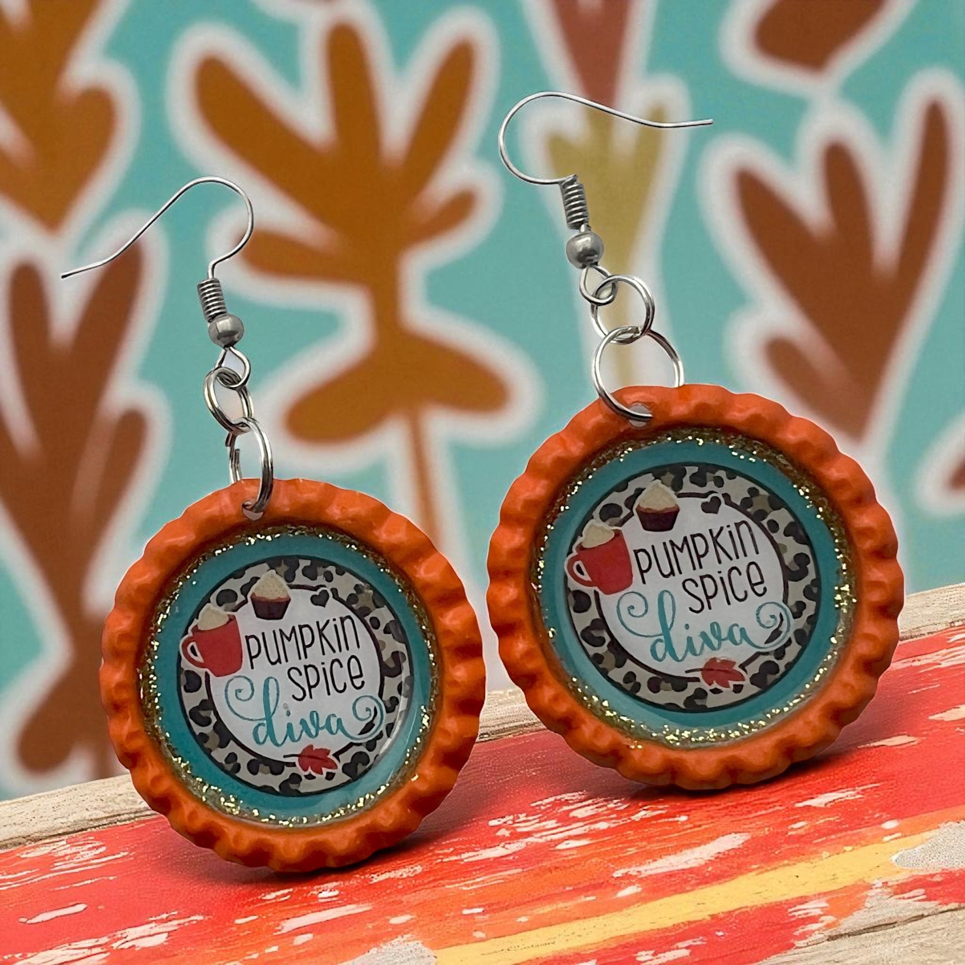 Pumpkin Spice Diva Earrings – Fall Coffee Lover Bottle Cap Jewelry
