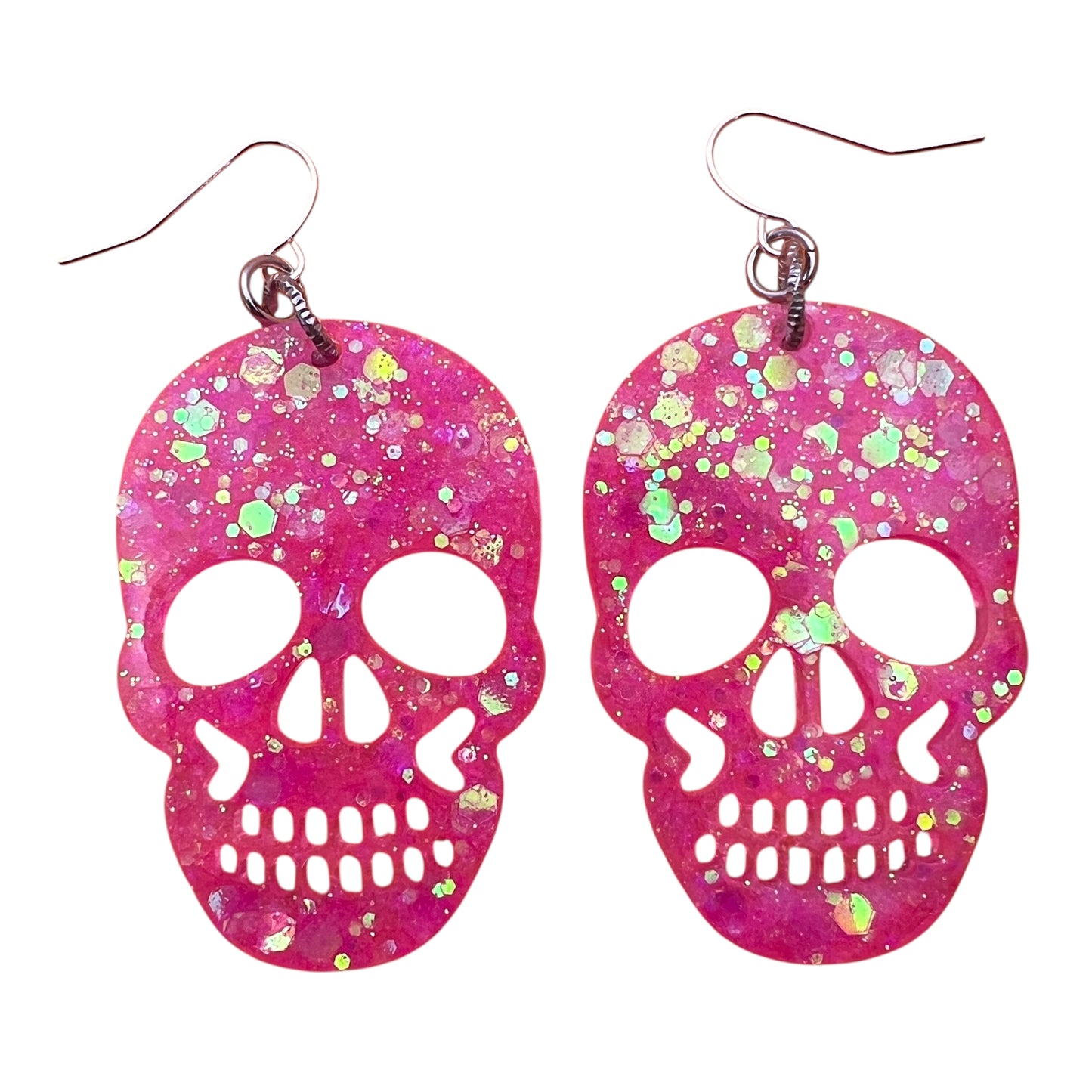 Holographic Pink Resin Glitter Skull 2” Earrings
