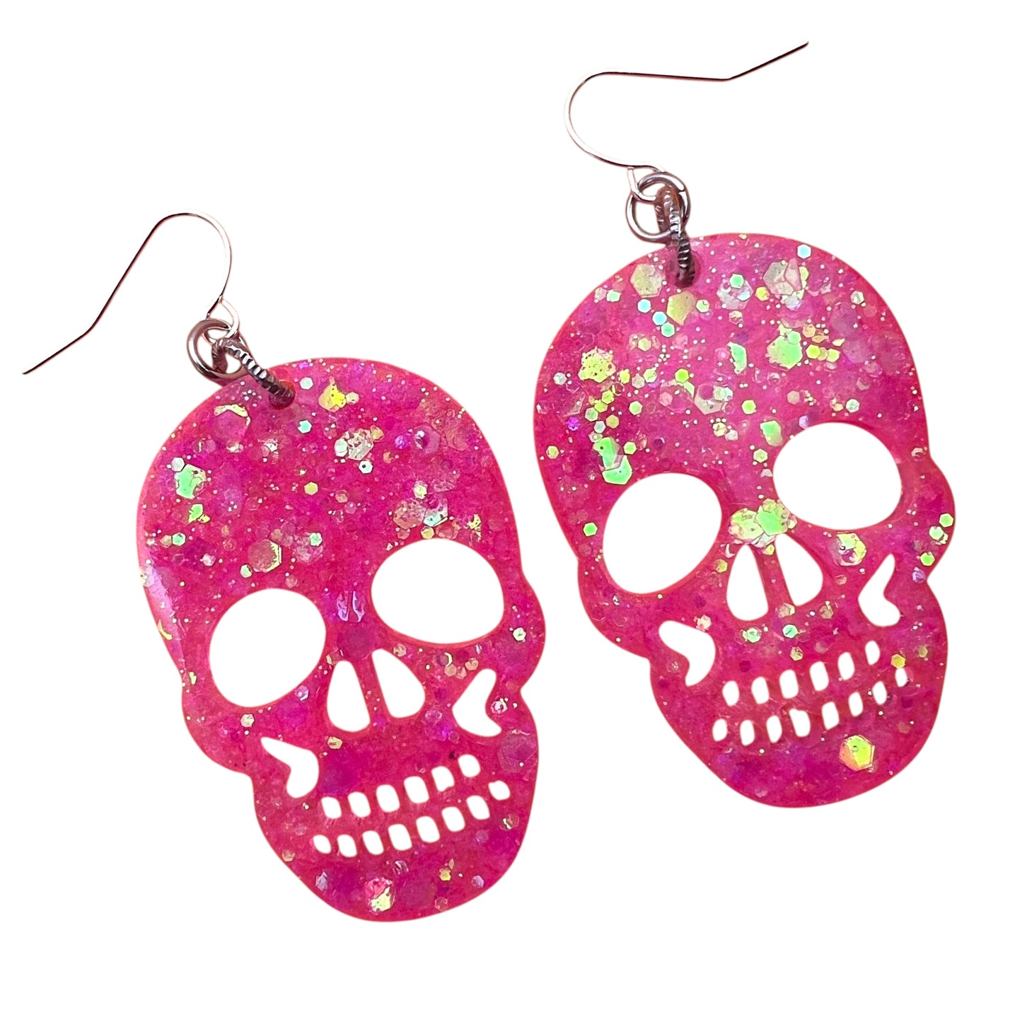 Holographic Pink Resin Glitter Skull 2” Earrings