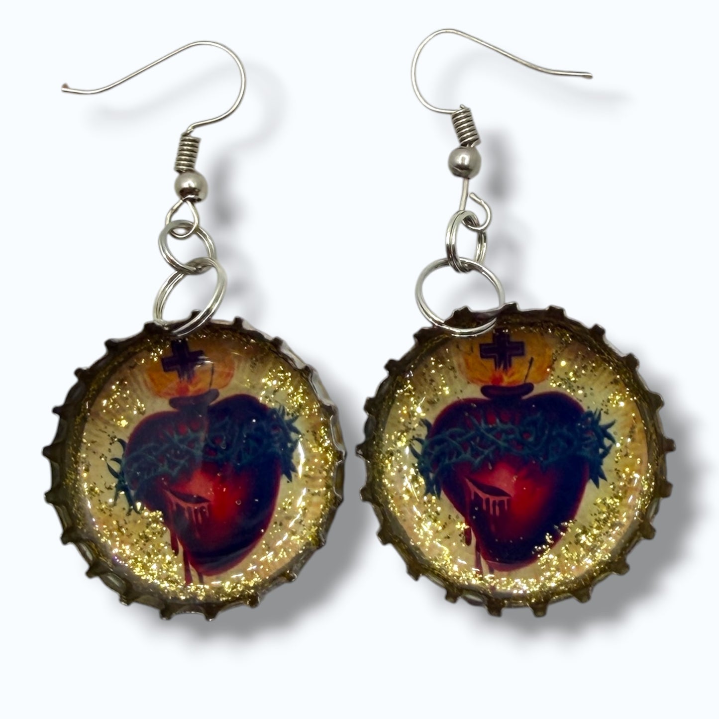 Upcycled Blue Moon Bottle Cap Sacred Heart Earrings