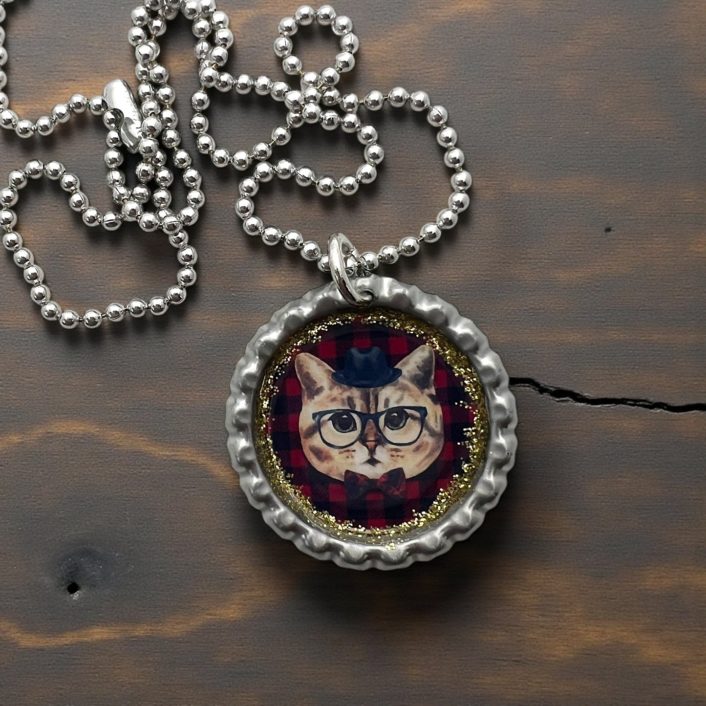 Hipster Cat Bottle Cap Necklace