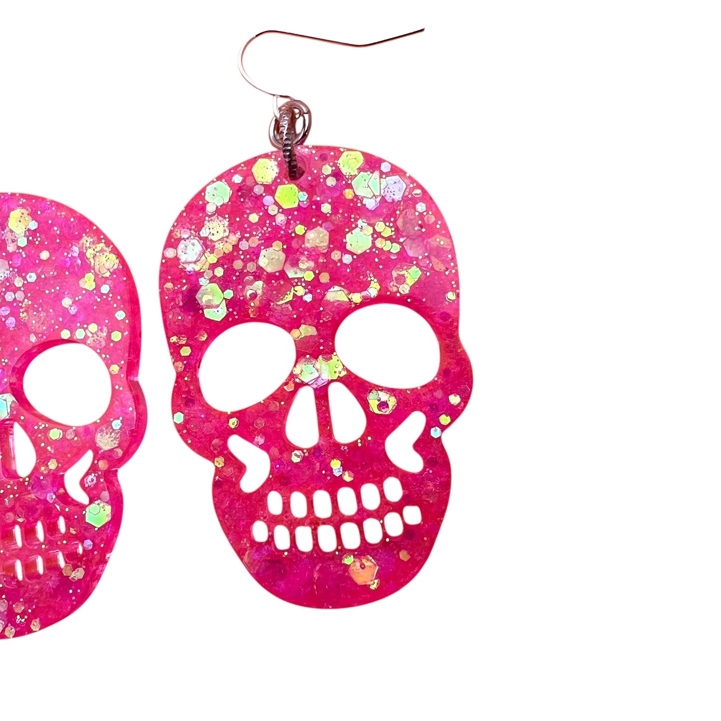 Holographic Pink Resin Glitter Skull 2” Earrings
