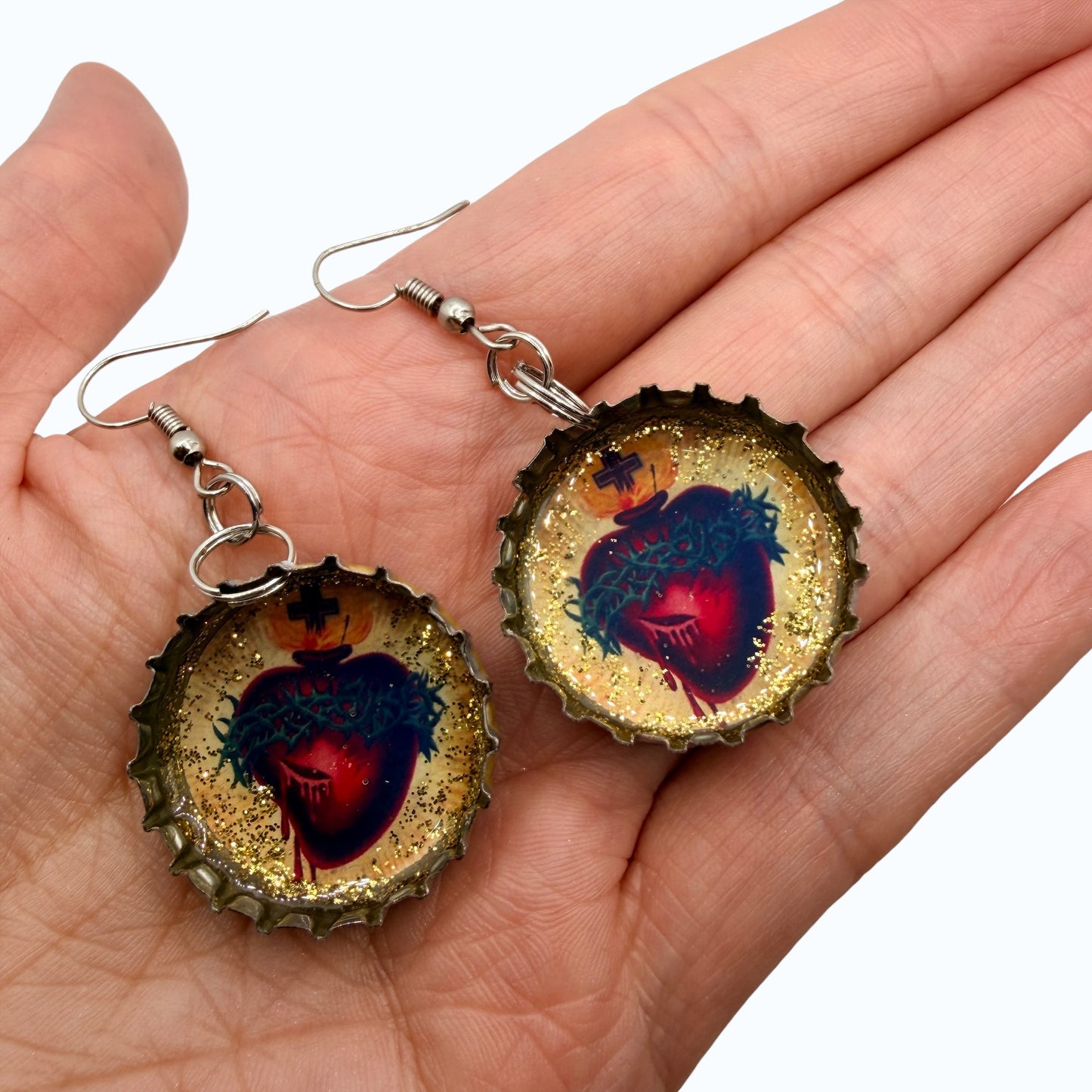 Upcycled Blue Moon Bottle Cap Sacred Heart Earrings