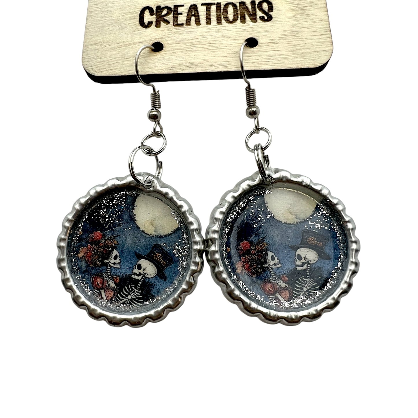 “Dancing in the Moonlight”Skeleton Couple Bottle Cap Earrings