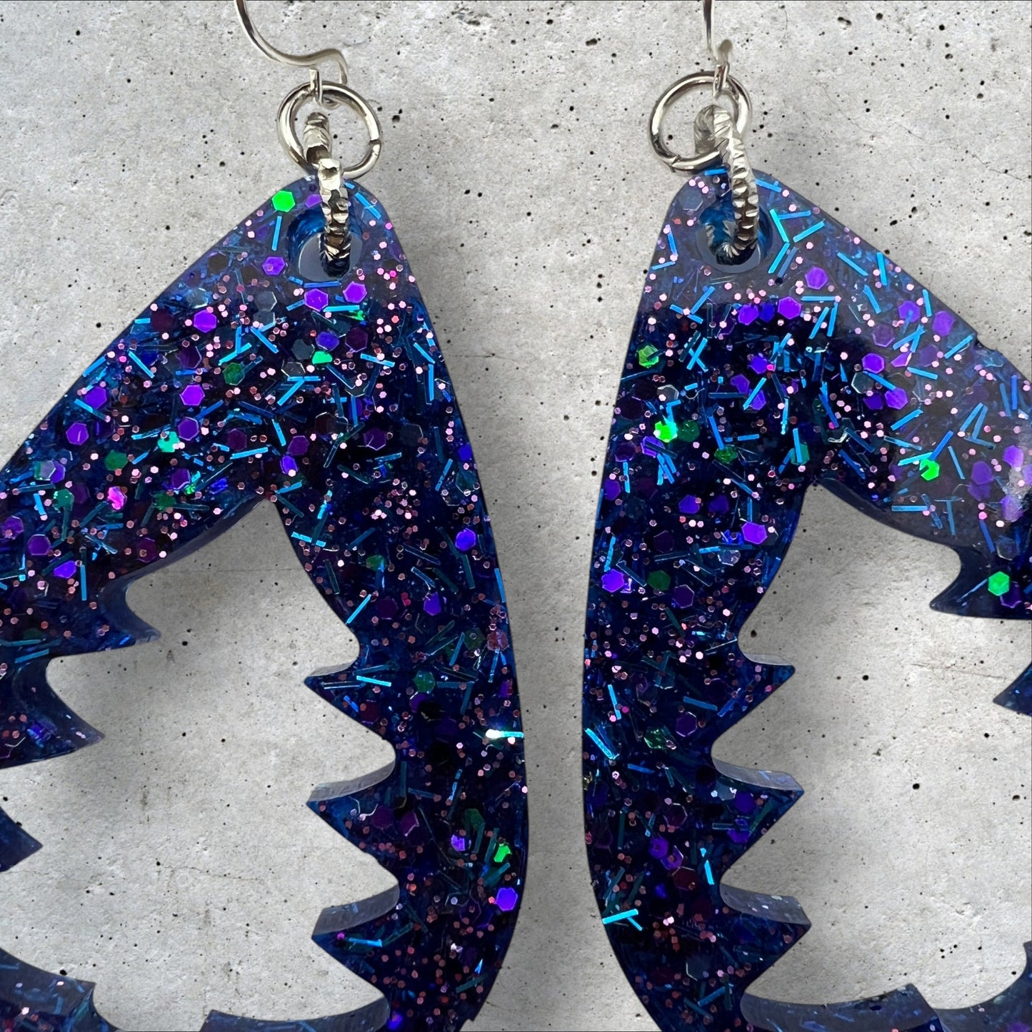 Navy Blue & Purple Confetti Glitter Christmas Tree Cutout Resin Teardrop Earrings