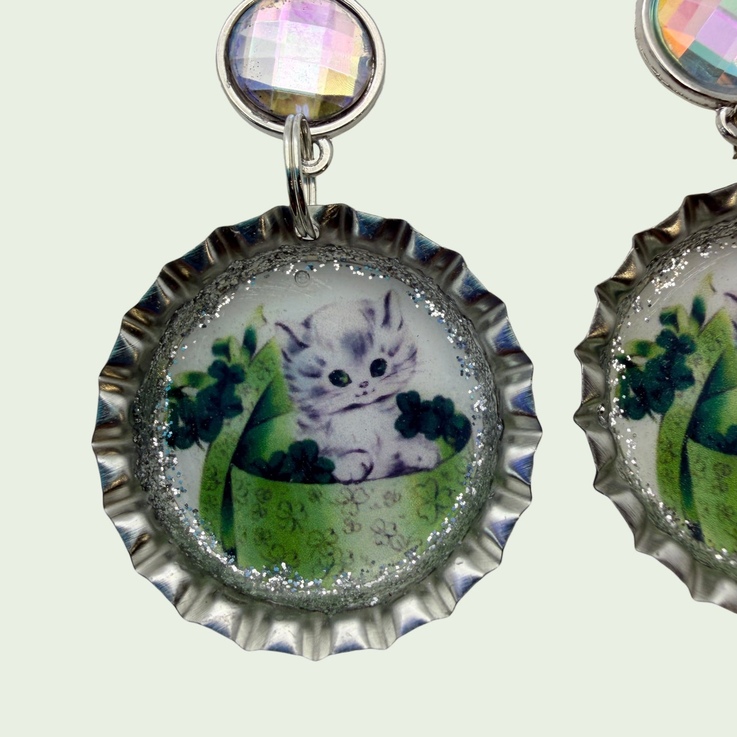 Lucky Kitten Clover Bottle Cap Earrings