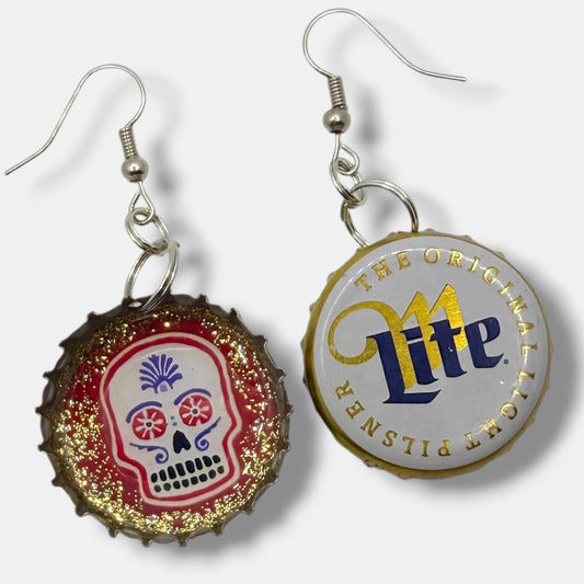 Miller Lite Upcycled Bottle Cap Skull Earrings