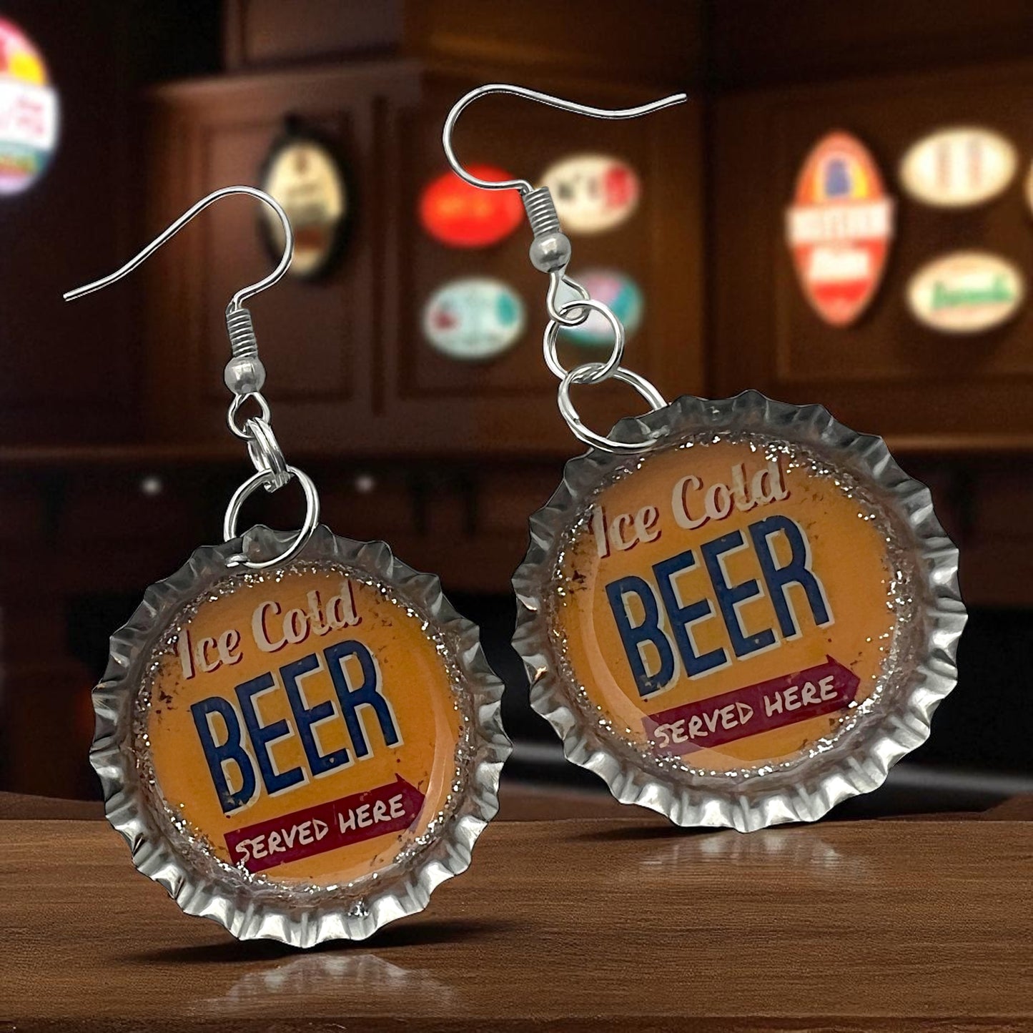 Vintage “Beer Served Here” Bottle Cap Earrings