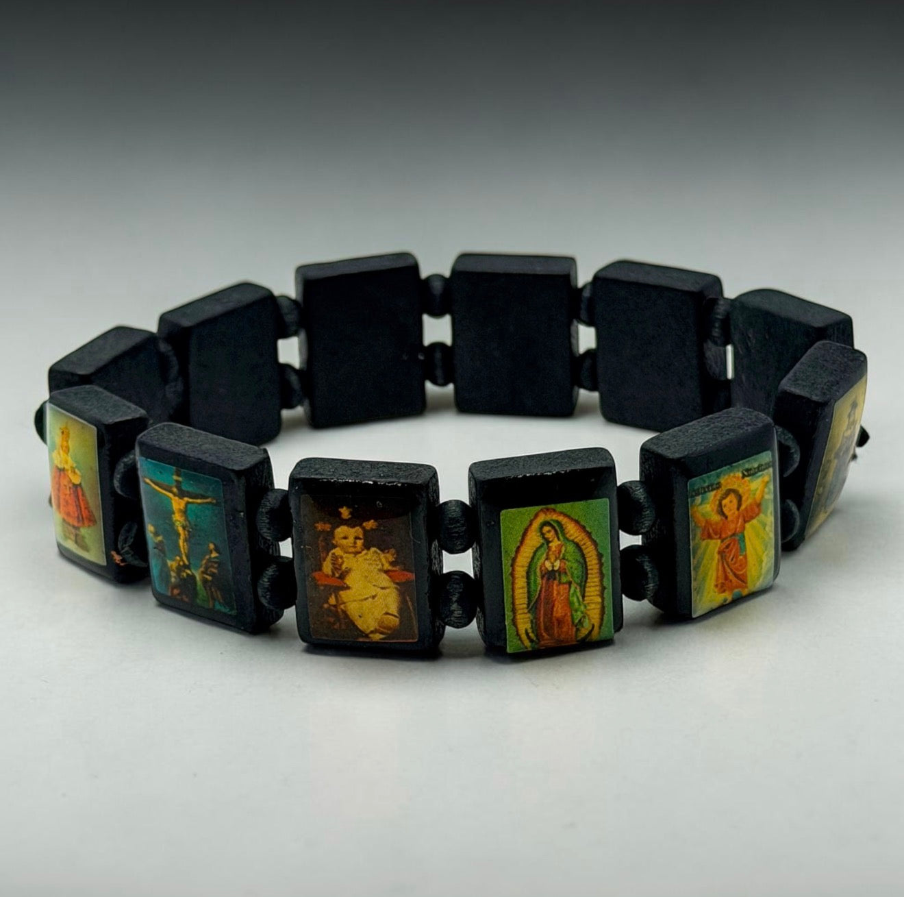 Catholic Saints Icon Stretch Bracelet – Black Wood Religious Jewelry