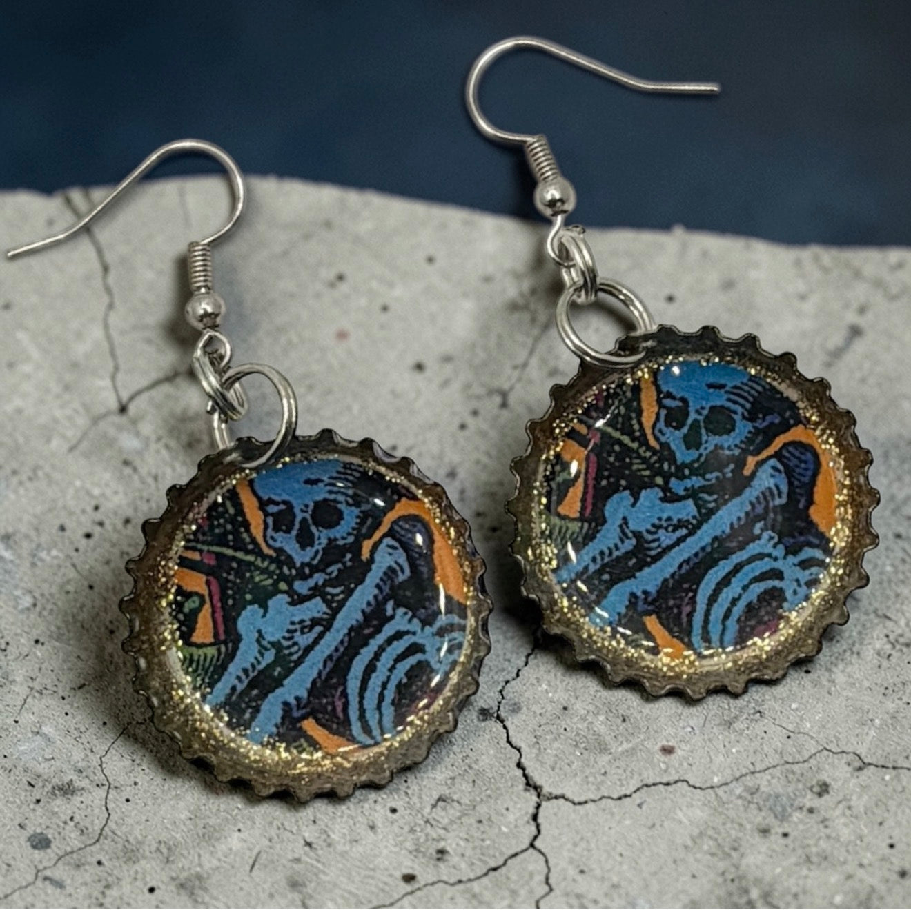 Upcycled Pacifico Bottle Cap Skeleton Earrings