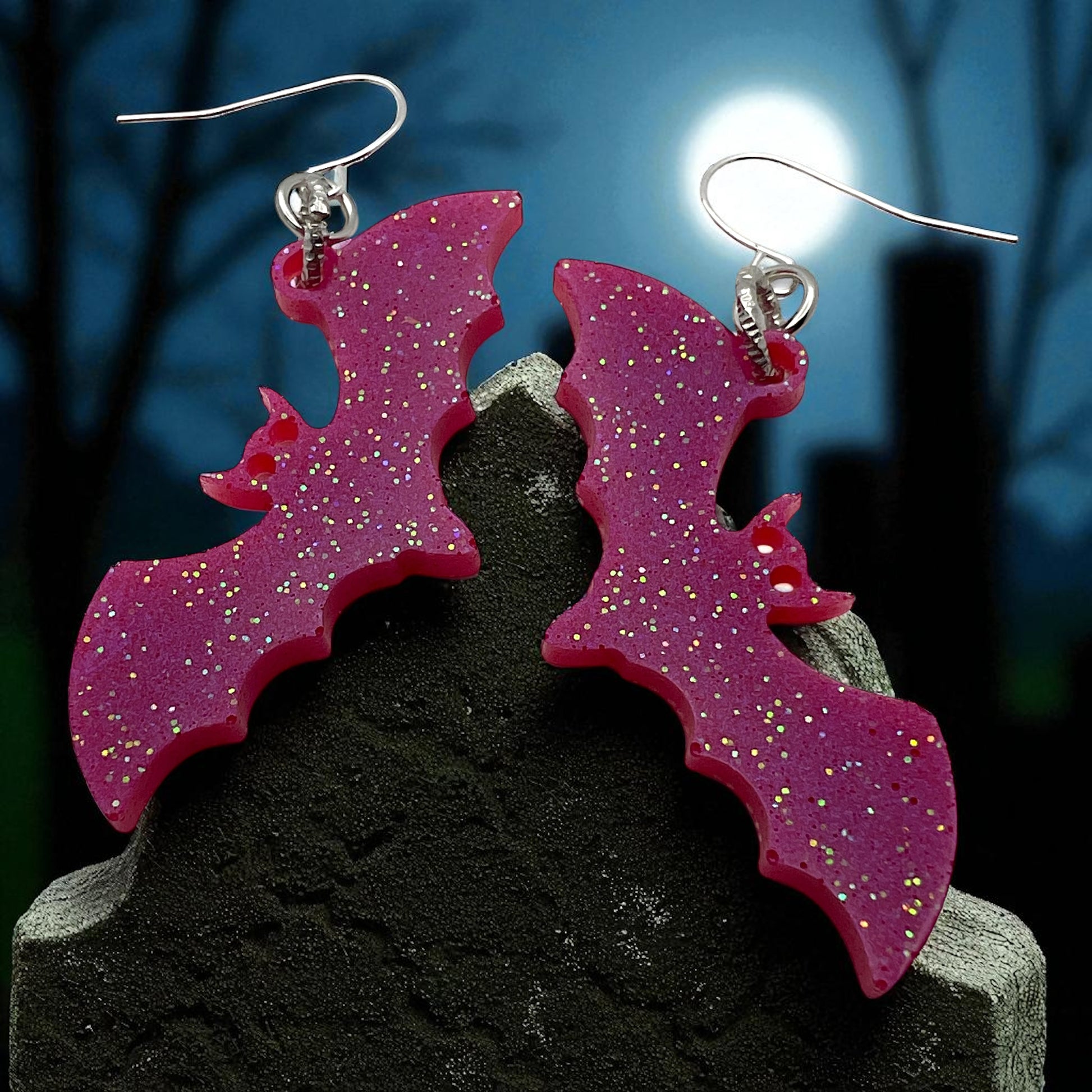 Pink Glitter Bat Earrings