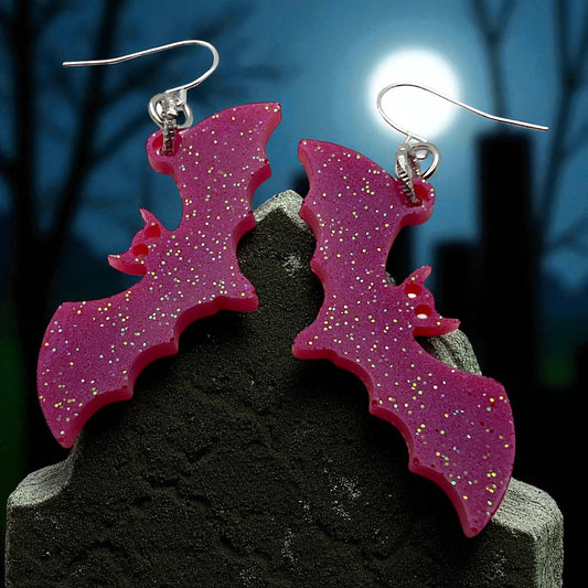 Pink Glitter Bat Earrings