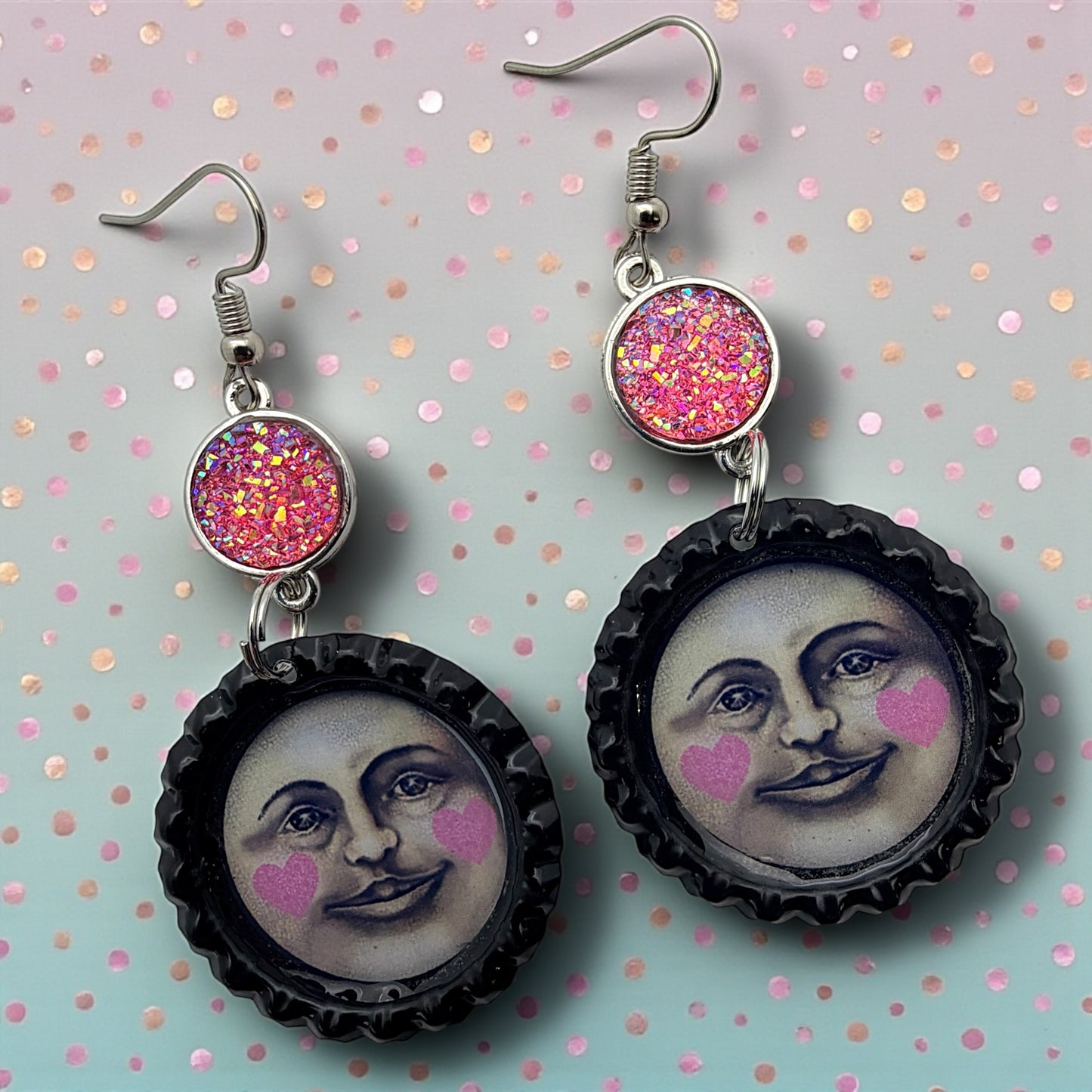 Moon Face Bottle Cap Dangle Earrings with Pink Hearts
