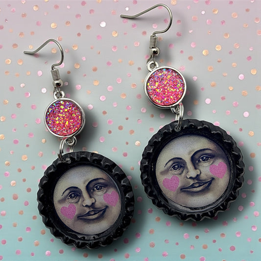 Moon Face Bottle Cap Dangle Earrings with Pink Hearts
