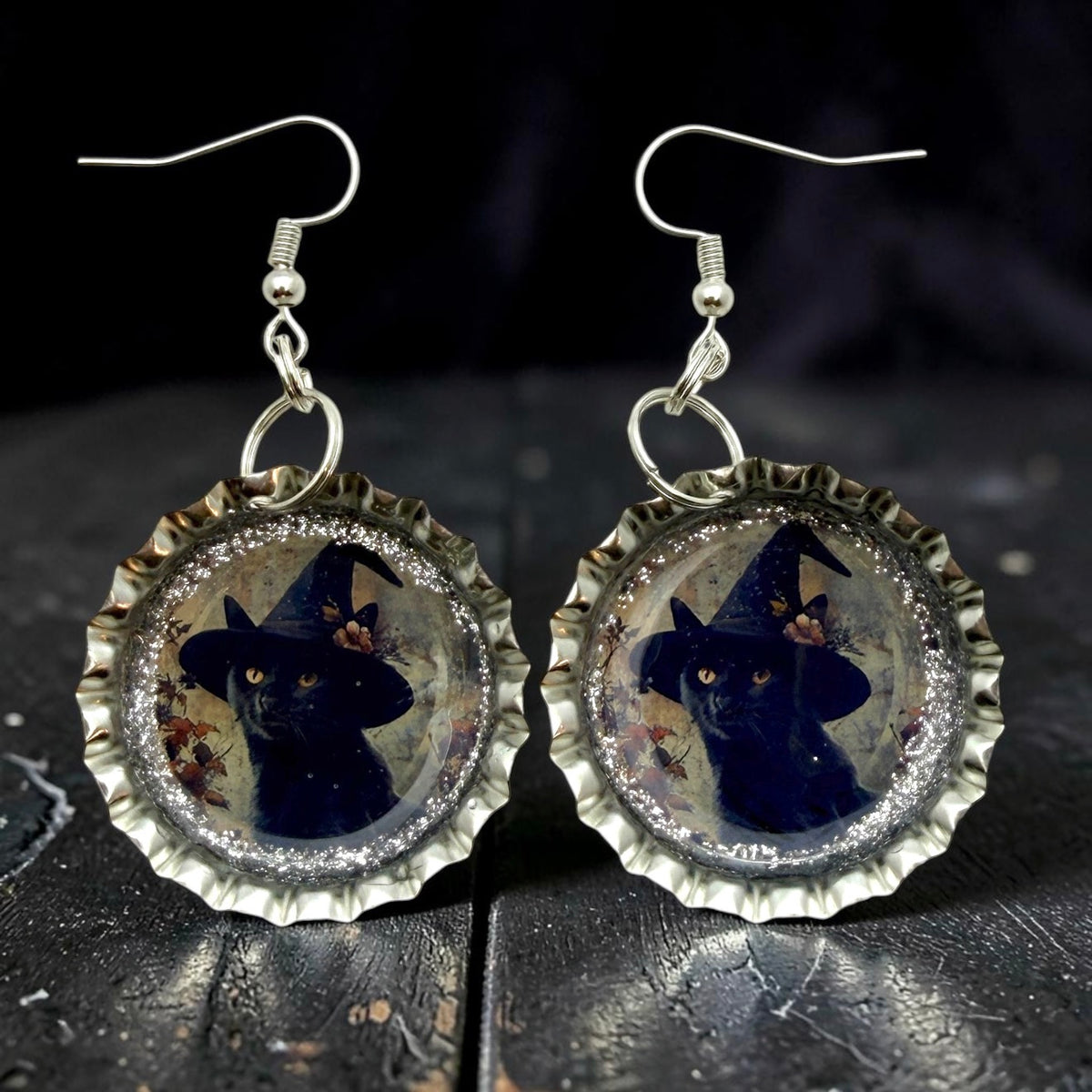 Black Cat Witch Bottle Cap Earrings