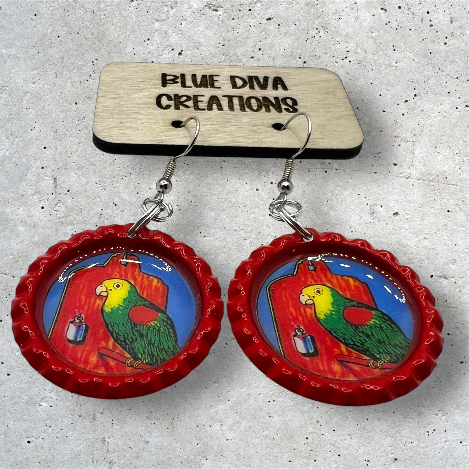 el cotorro Mexican Loteria  red flattened bottle cap earrings