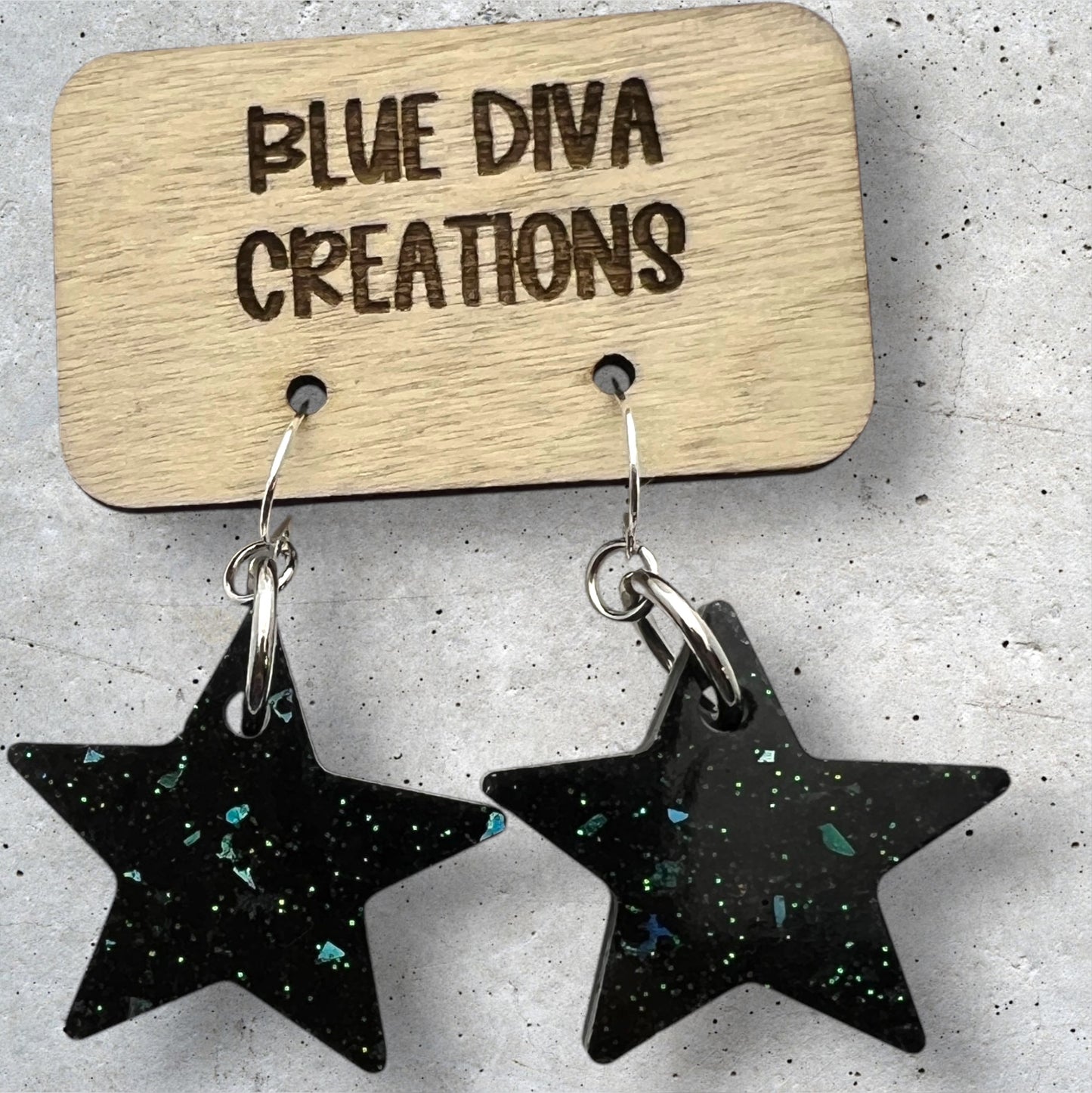 Cosmic Black & Teal Glitter 1” Star Resin Earrings