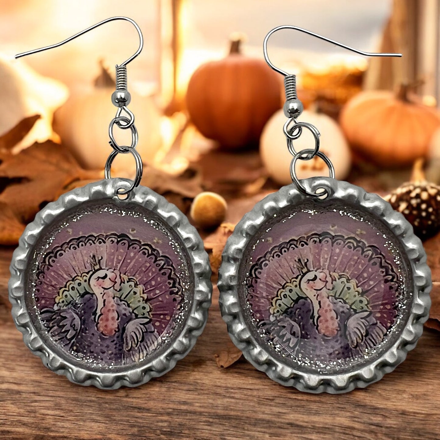 Purple Turkey Bottle Cap Earrings