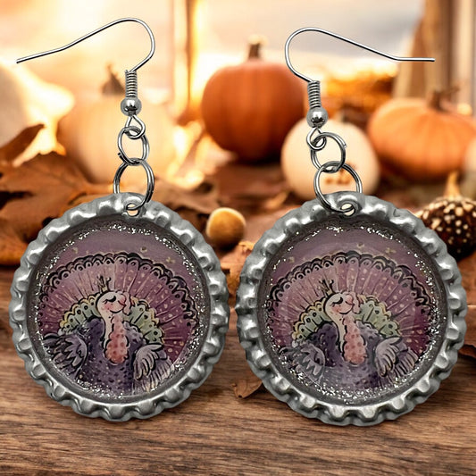 Purple Turkey Bottle Cap Earrings