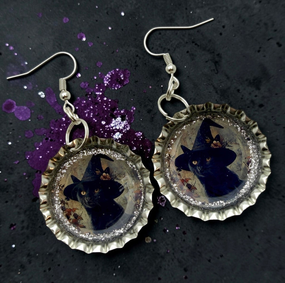 Black Cat Witch Bottle Cap Earrings