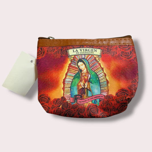 Virgen de Guadalupe Coin Pouch Zip Wallet with Keyring – Red Rose Design