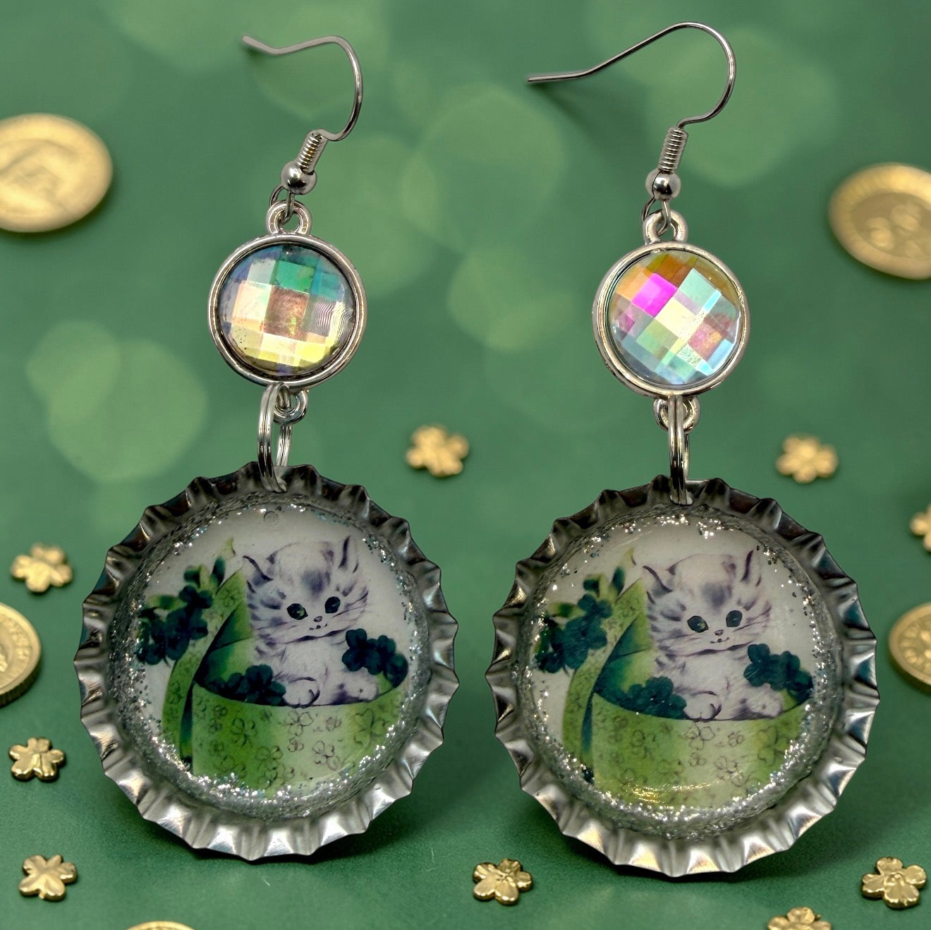 Lucky Kitten Clover Bottle Cap Earrings