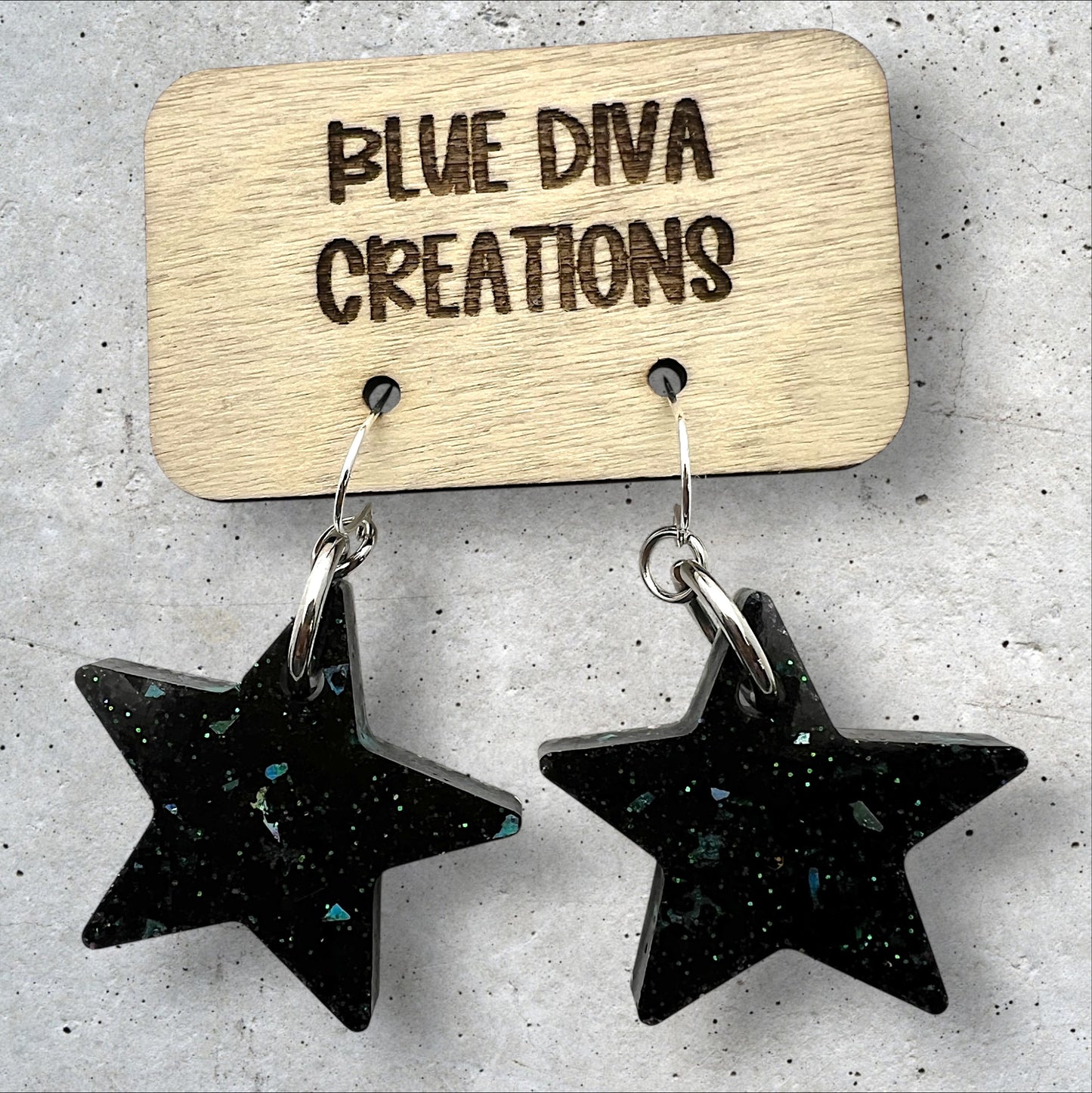 Cosmic Black & Teal Glitter 1” Star Resin Earrings