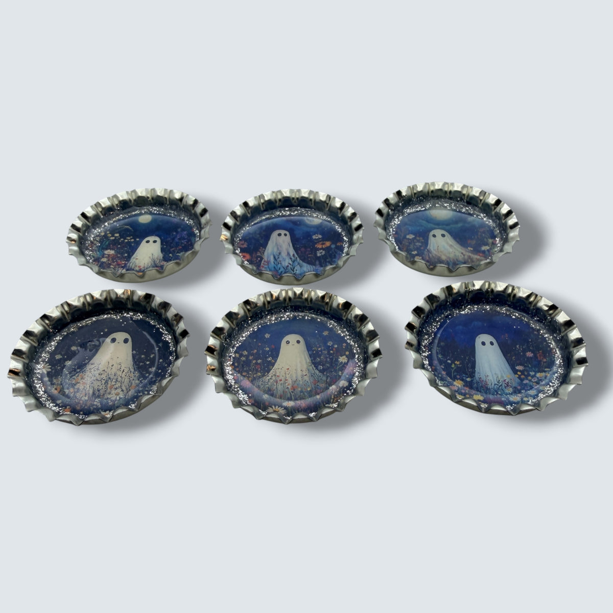 Spooky Floral Ghost Bottle Cap Magnet Set