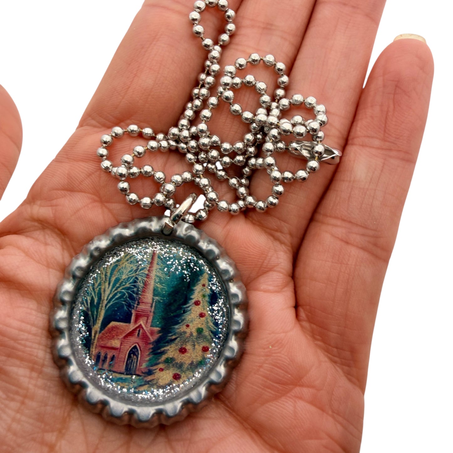 Vintage Church Christmas Bottle Cap Necklace