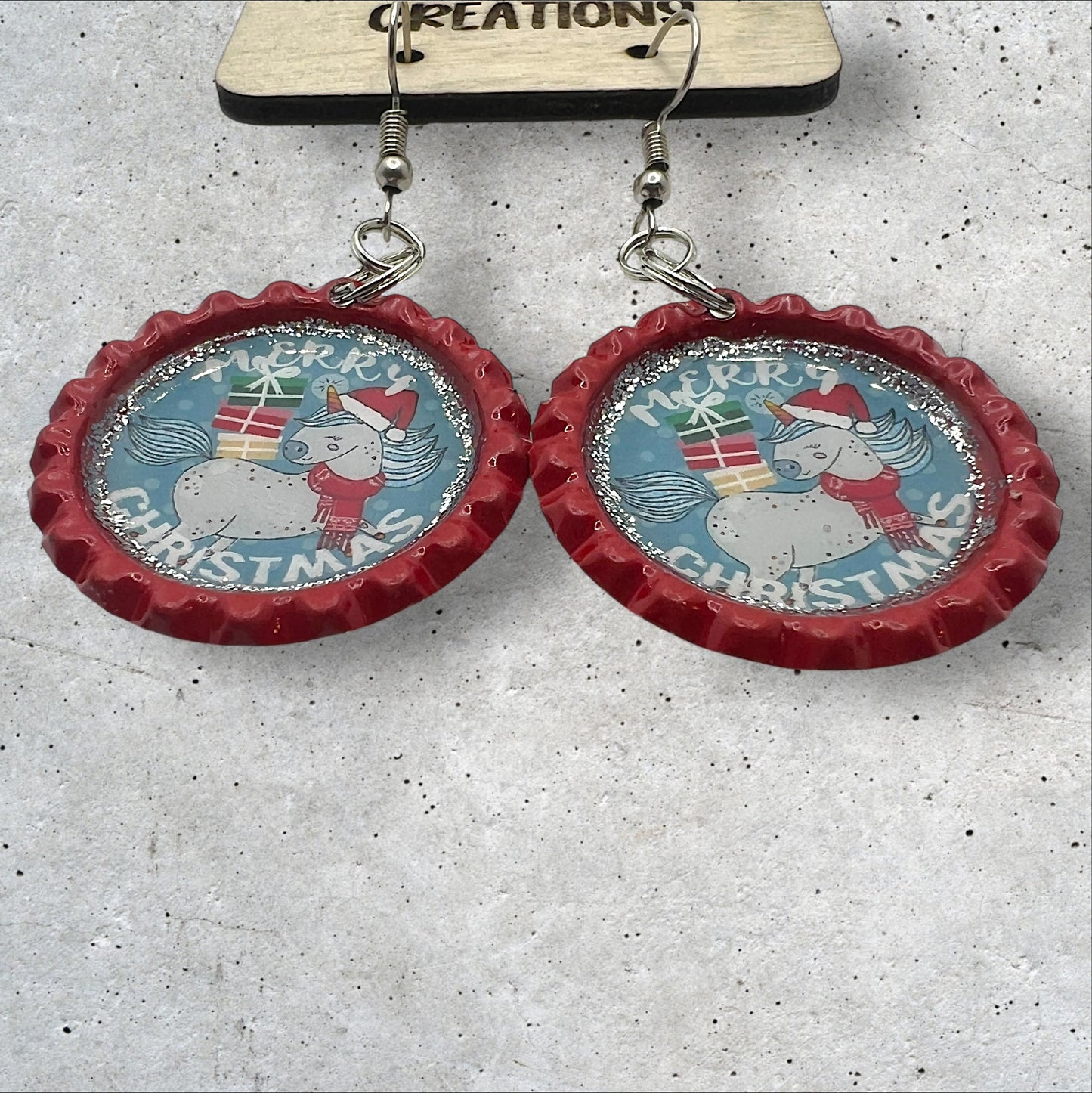 Whimsical Christmas Unicorn Red Bottle Cap Earrings