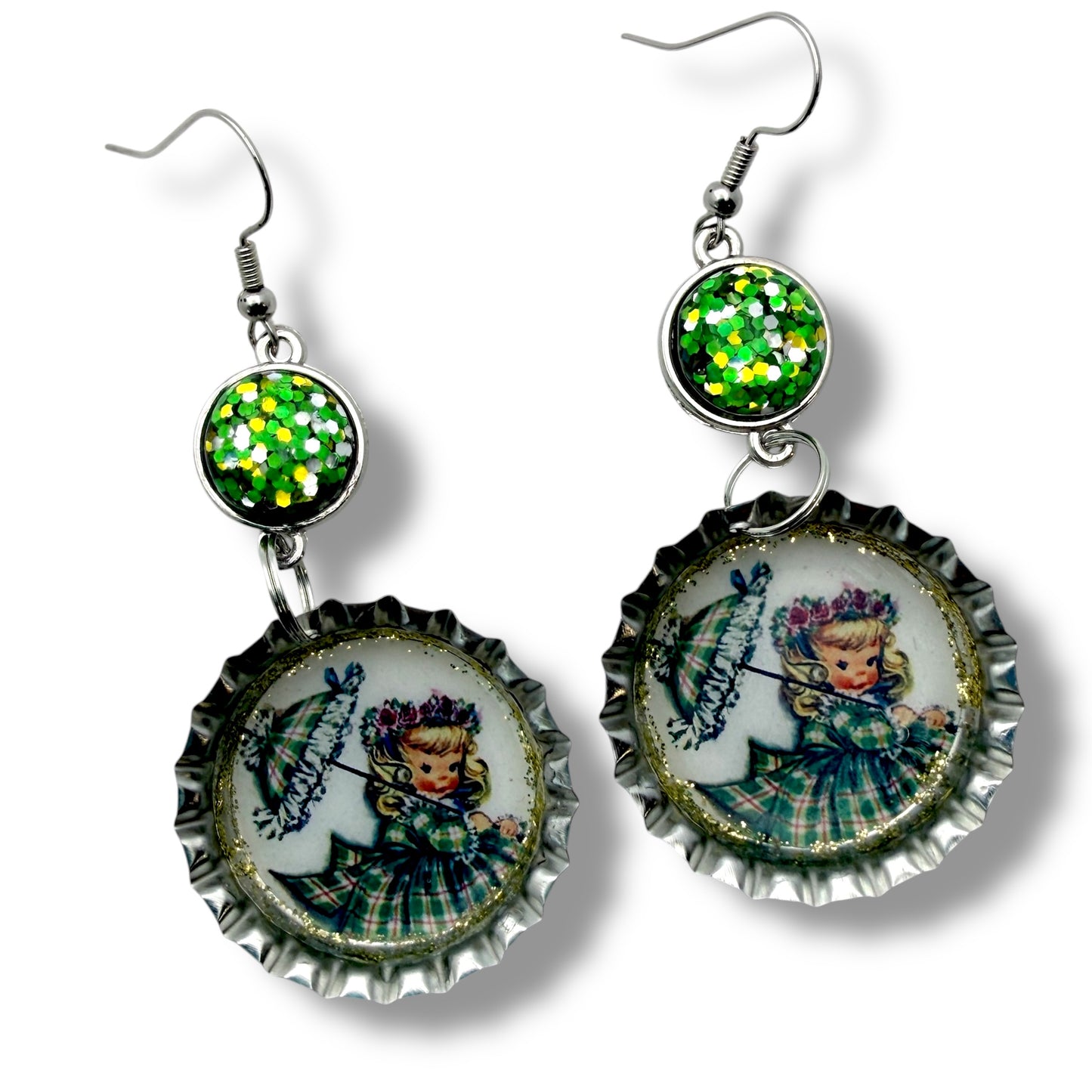 Retro Girl with Umbrella St. Patrick’s Day Bottle Cap Earrings