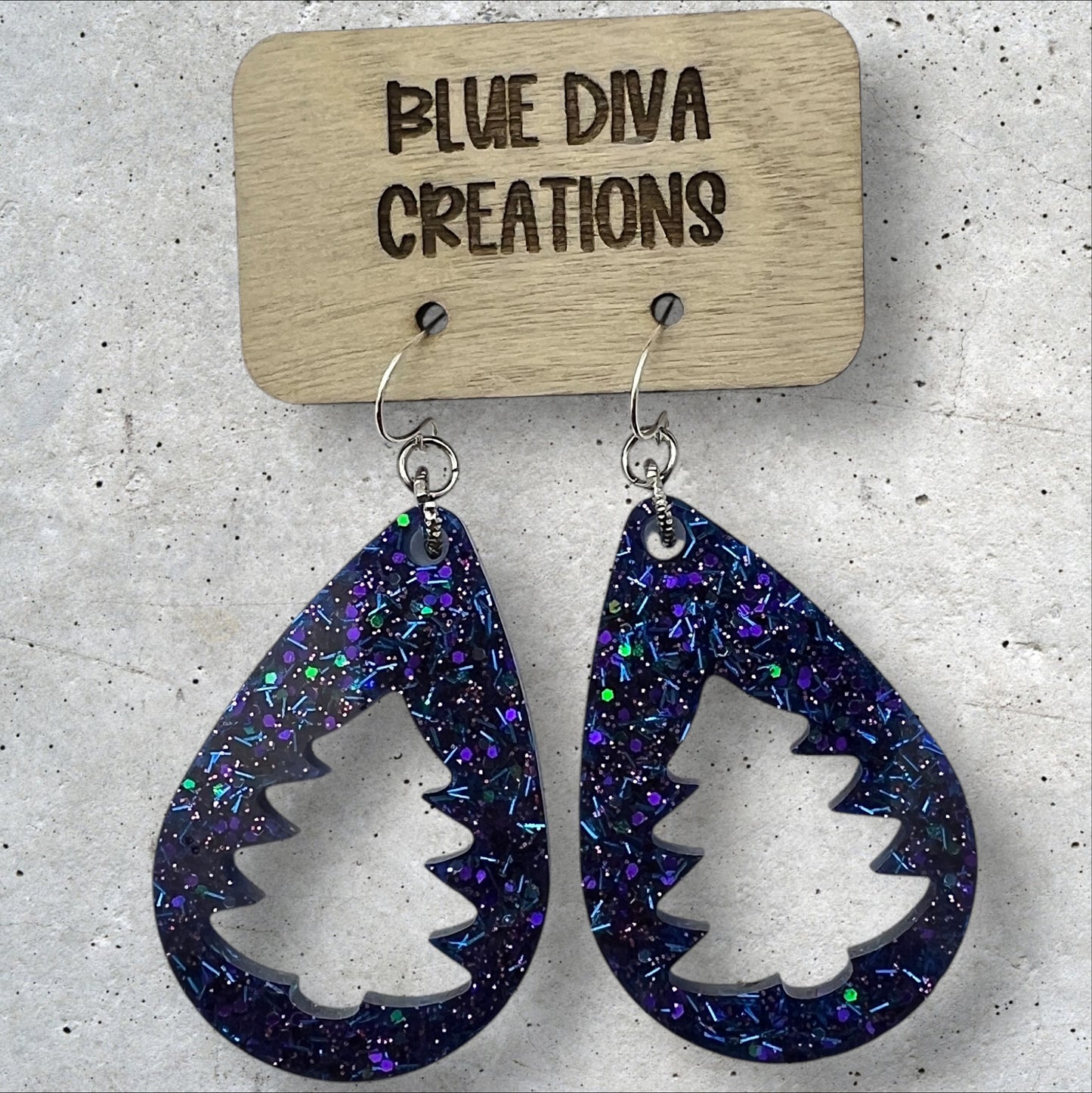 Navy Blue & Purple Confetti Glitter Christmas Tree Cutout Resin Teardrop Earrings