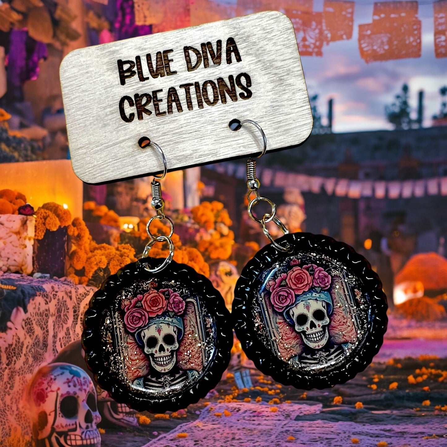 Skull Woman Day of the Dead Muertos Bottle Cap Earrings