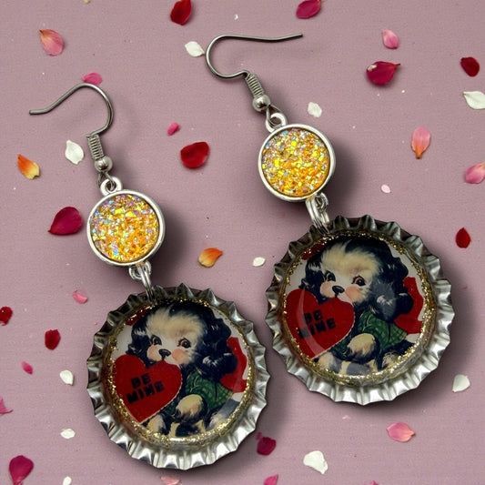 Vintage Valentine Puppy Upcycled Bottle Cap Earrings – Be Mine