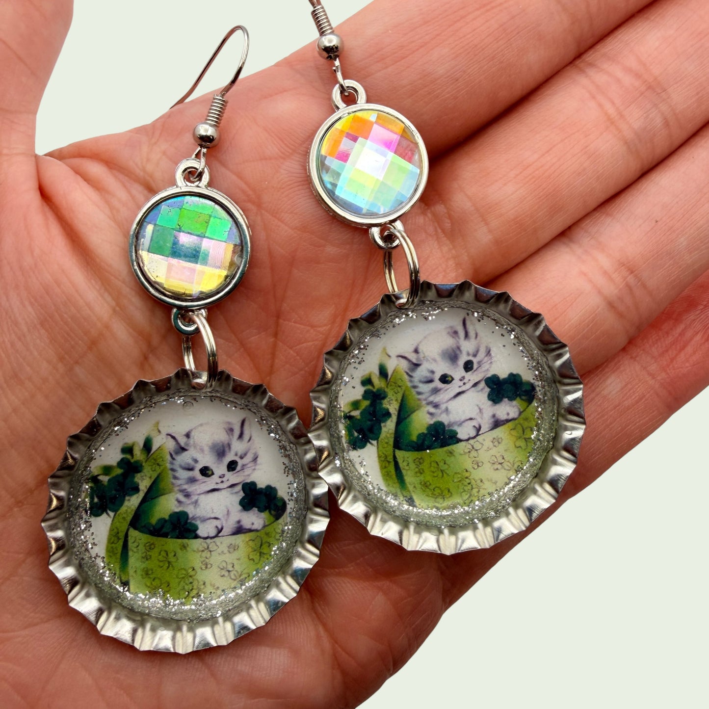 Lucky Kitten Clover Bottle Cap Earrings