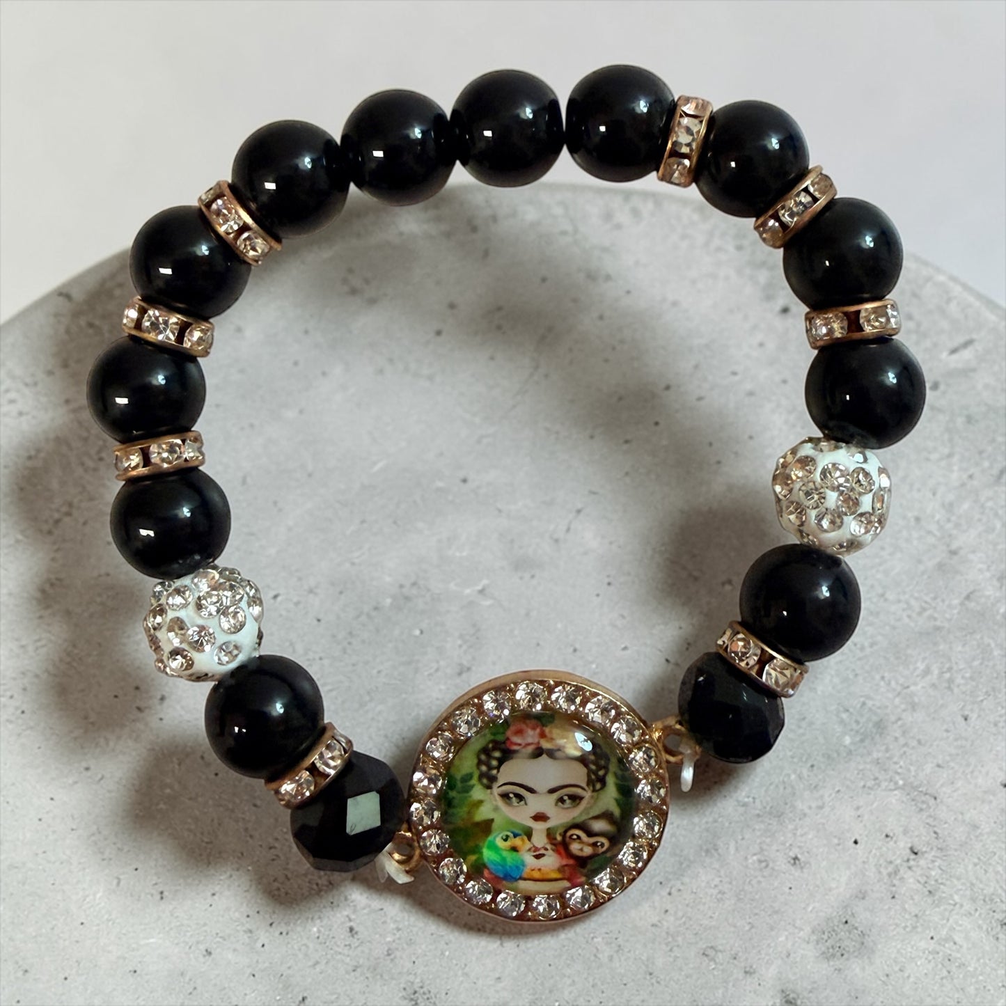 Frida Kahlo Black Beaded Stretch Bracelet Rhinestone Charm