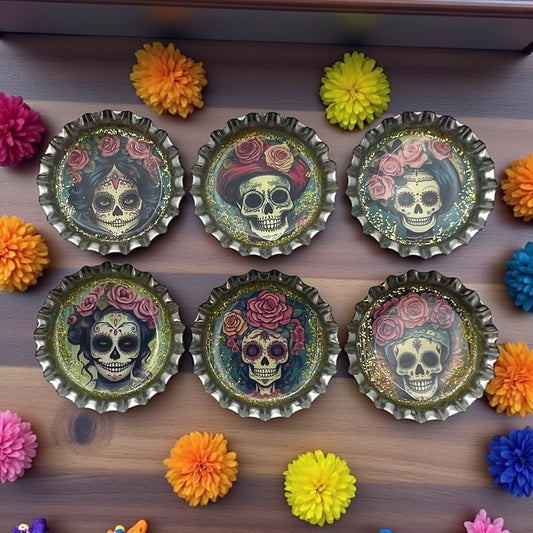 Day of the Dead Sugar Skull Bottle Cap Magnets – Set of 6 Glitter Resin Calavera Designs