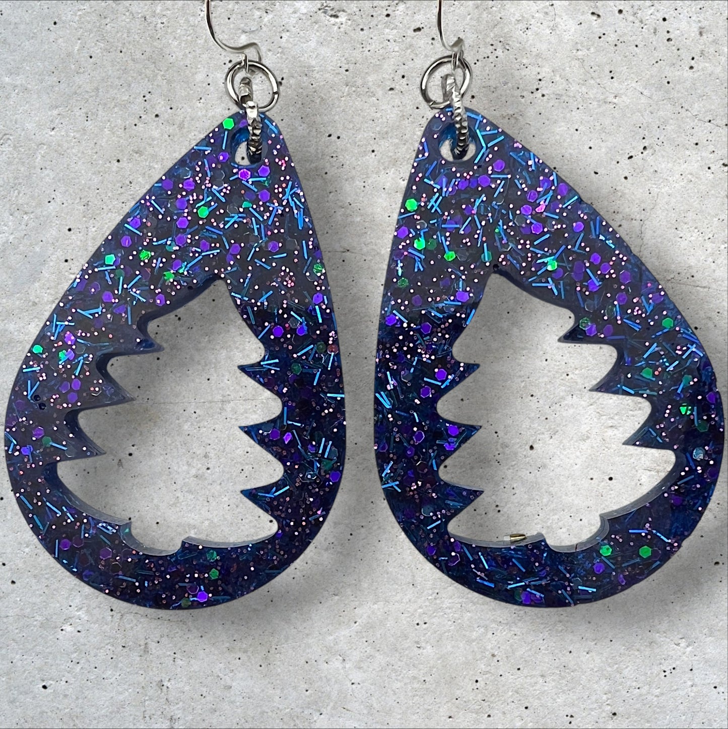 Navy Blue & Purple Confetti Glitter Christmas Tree Cutout Resin Teardrop Earrings