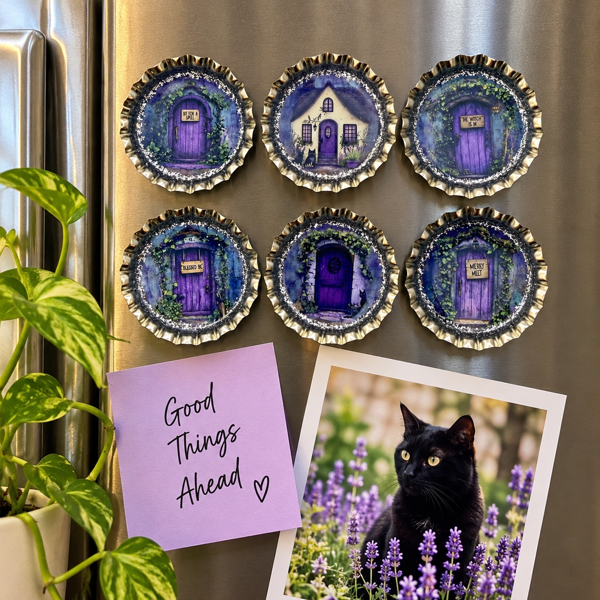 Purple Witch Door Bottle Cap Magnets