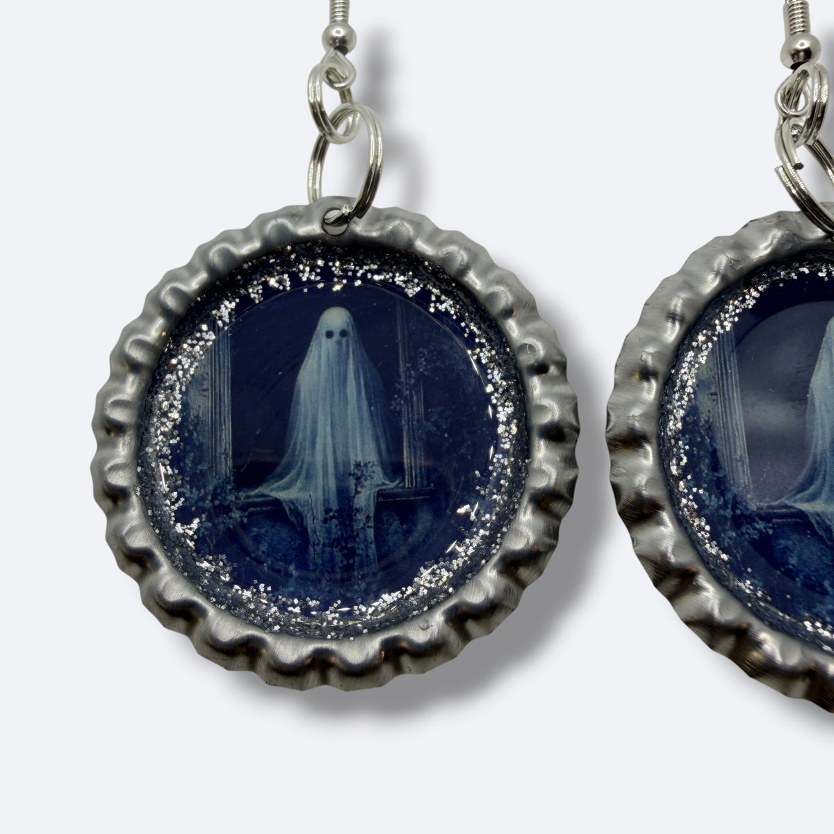 Ghost Bottle Cap Earrings – Silver Glitter Spooky Dangles