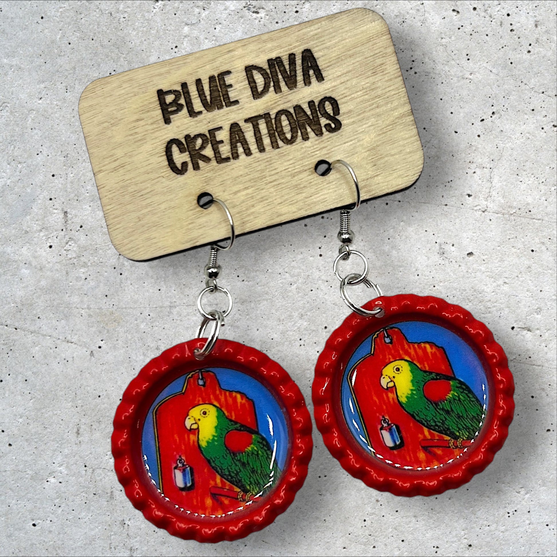 el cotorro Mexican Loteria  red flattened bottle cap earrings