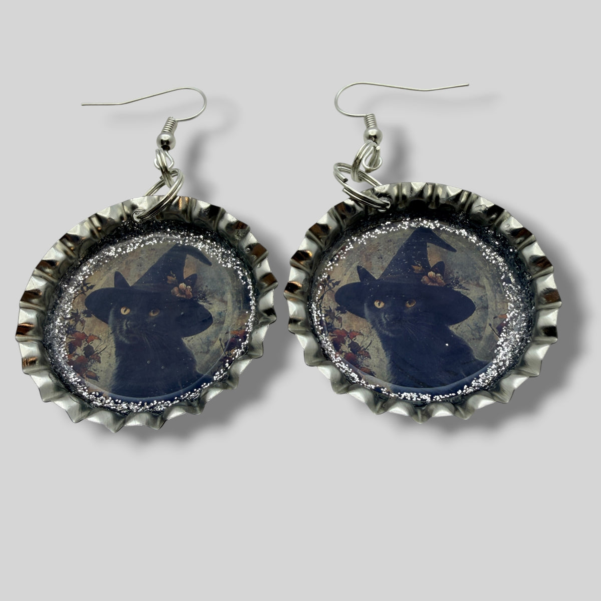 Black Cat Witch Bottle Cap Earrings