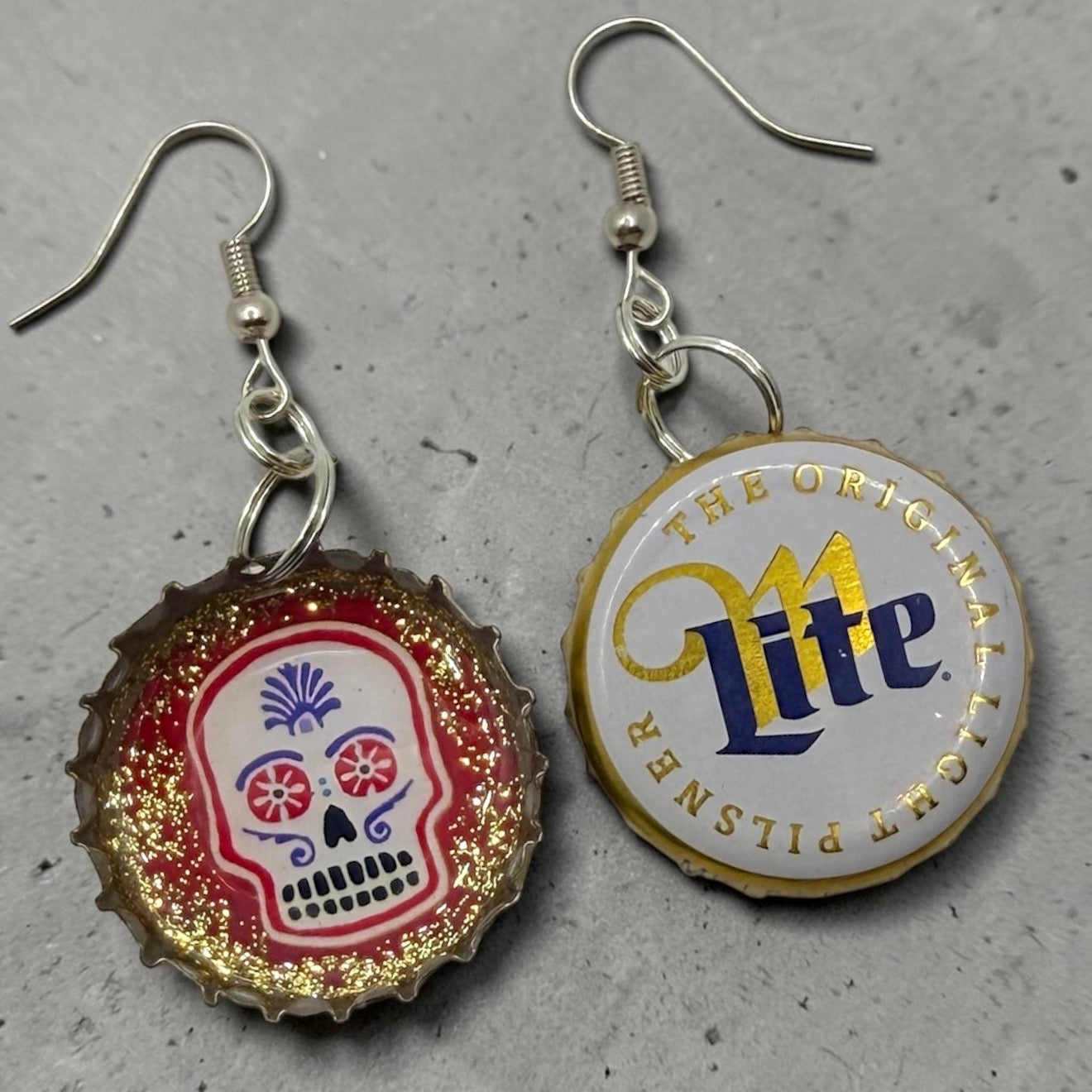 Miller Lite Upcycled Bottle Cap Skull Earrings