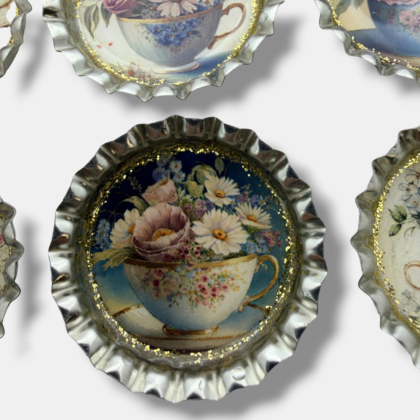 Floral Teacup Bottle Cap Magnet Set