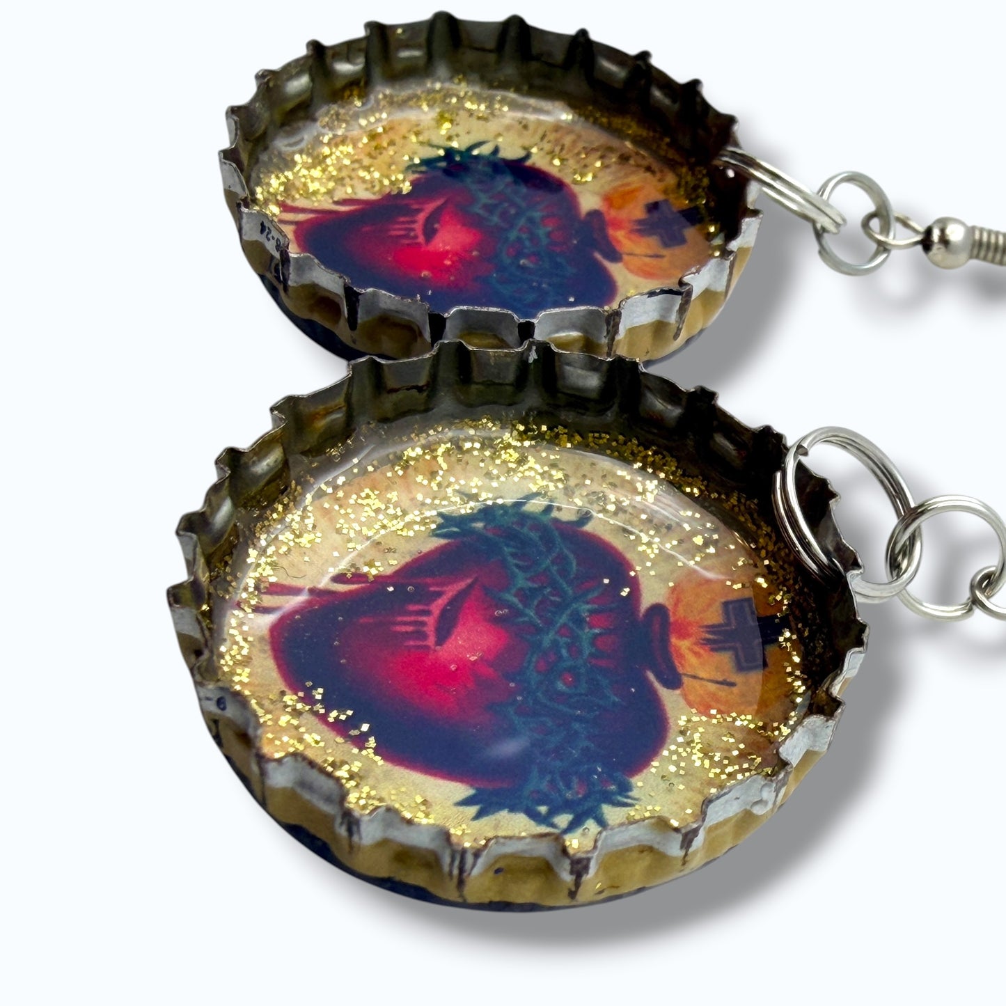 Upcycled Blue Moon Bottle Cap Sacred Heart Earrings